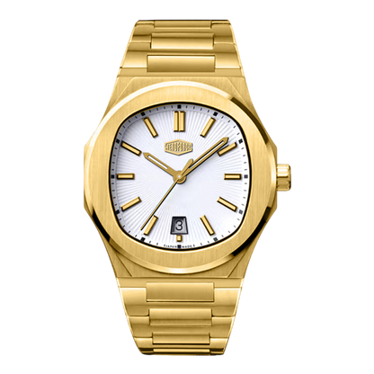 A gold-tone stainless steel wristwatch with a white sunburst dial, gold-tone hour markers and hands, and a date window at the 3 o'clock position. The watch is shown on a solid white background.