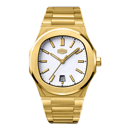A gold-tone stainless steel wristwatch with a white sunburst dial, gold-tone hour markers and hands, and a date window at the 3 o'clock position. The watch is shown on a solid white background.