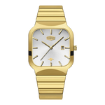 A gold-tone wrist watch with a square bezel, a white dial, and a matching gold-tone link bracelet, shown against a plain white background.