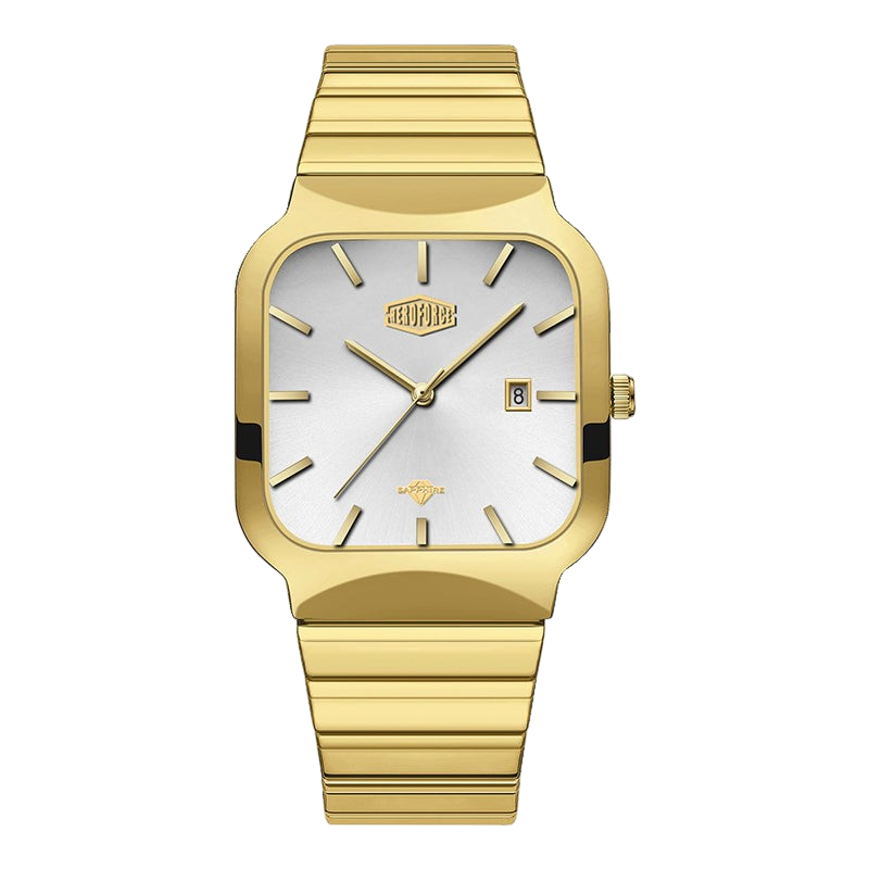 A gold-tone wrist watch with a square bezel, a white dial, and a matching gold-tone link bracelet, shown against a plain white background.