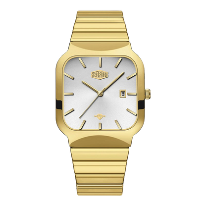 A gold-tone wrist watch with a square bezel, a white dial, and a matching gold-tone link bracelet, shown against a plain white background.