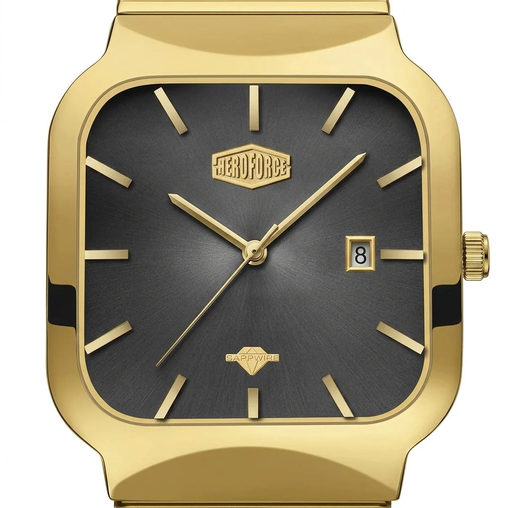 A gold-tone wristwatch with a square bezel, gold hands and indices, and a dark gray sunburst dial. The brand name 'HEROFORCE' is visible on the dial, and a date window is present at the 3 o'clock position.