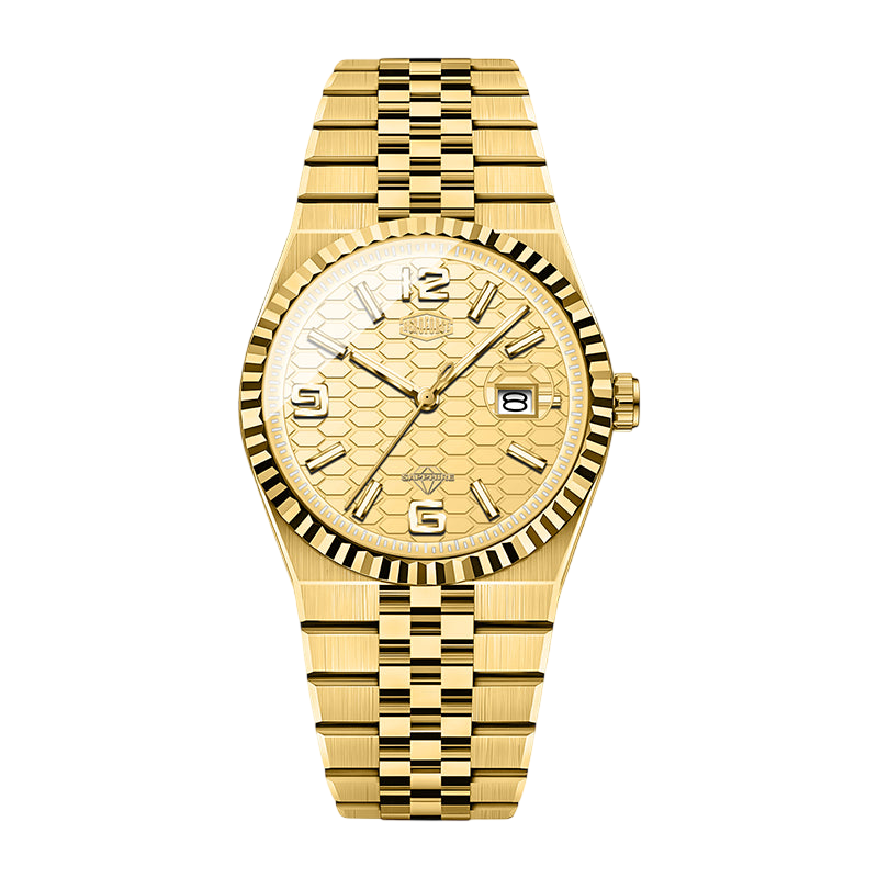 A gold-tone wristwatch with a fluted bezel, textured dial, and matching gold-tone link bracelet, shown against a plain white background.
