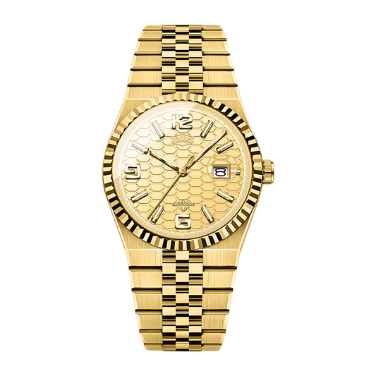 A gold-tone wristwatch with a fluted bezel, textured dial, and matching gold-tone link bracelet, shown against a plain white background.