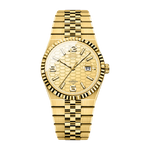 A gold-tone wristwatch with a fluted bezel, textured dial, and matching gold-tone link bracelet, shown against a plain white background.
