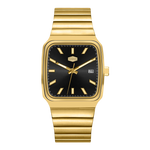 A gold-tone wristwatch with a rectangular black dial, gold-tone hour markers and hands, and a matching gold-tone fluted metal link bracelet, shown against a plain white background.