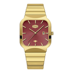 A gold-tone wristwatch with a square bezel, a maroon dial, and a matching gold-tone link bracelet, shown against a plain white background.