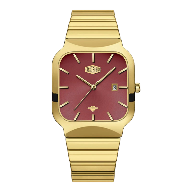 A gold-tone wristwatch with a square bezel, a maroon dial, and a matching gold-tone link bracelet, shown against a plain white background.