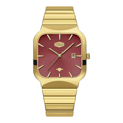 A gold-tone wristwatch with a square bezel, a maroon dial, and a matching gold-tone link bracelet, shown against a plain white background.