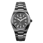A hEROfORCE wristwatch with a dark gray textured dial, silver-tone indices, and a matching dark gray metal link bracelet, shown against a plain white background.