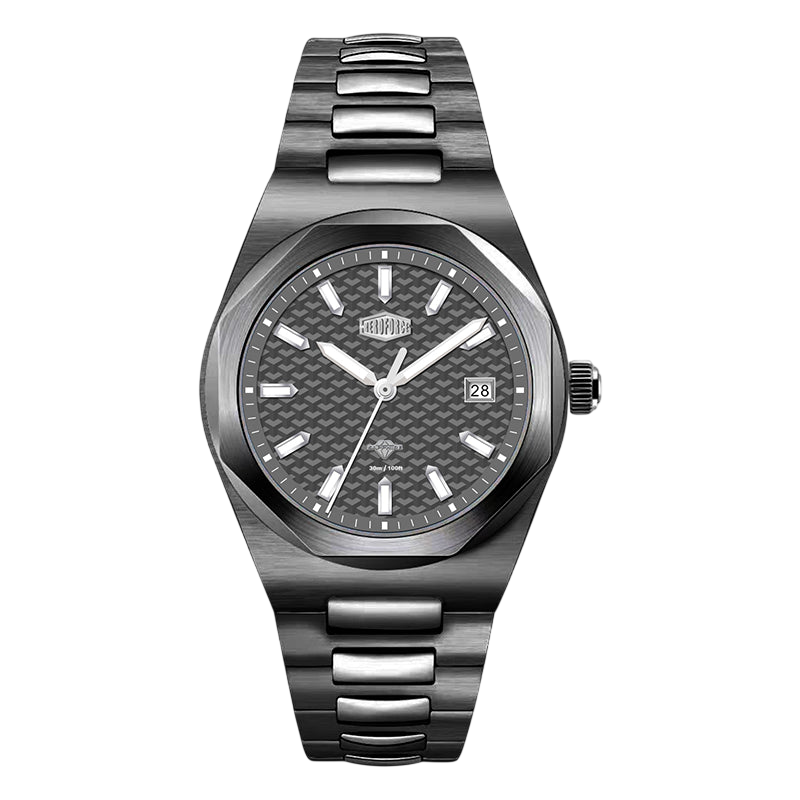 A hEROfORCE wristwatch with a dark gray textured dial, silver-tone indices, and a matching dark gray metal link bracelet, shown against a plain white background.