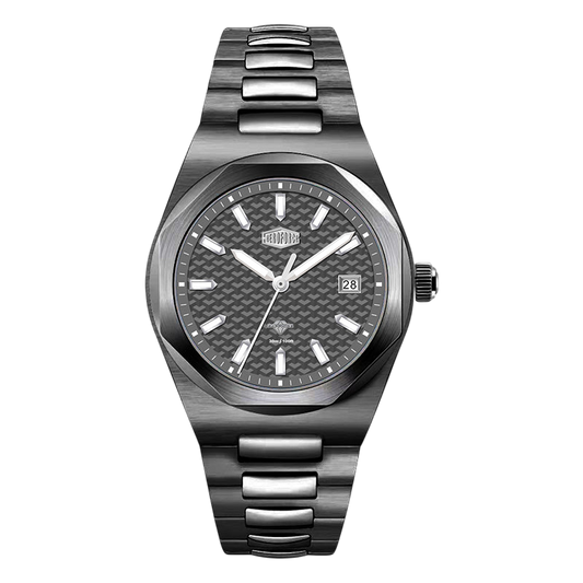 A hEROfORCE wristwatch with a dark gray textured dial, silver-tone indices, and a matching dark gray metal link bracelet, shown against a plain white background.