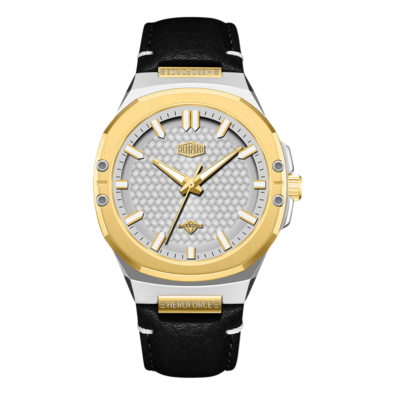 A luxury men's analog watch featuring a gold-tone bezel, a silver-tone textured dial with gold hands and markers, and a black leather strap with gold accents.