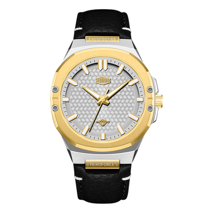 A luxury men's analog watch featuring a gold-tone bezel, a silver-tone textured dial with gold hands and markers, and a black leather strap with gold accents.