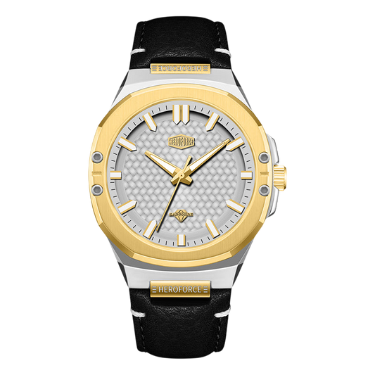 A luxury men's analog watch featuring a gold-tone bezel, a silver-tone textured dial with gold hands and markers, and a black leather strap with gold accents.