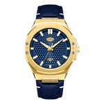 A luxury men's watch featuring a gold-tone stainless steel case, a textured blue dial with gold-tone hands and markers, and a dark blue leather strap with white stitching.