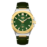 A luxury men's watch featuring a textured green dial, a gold-tone bezel and hands, a silver-tone case, and an olive green leather strap with gold-tone stitching.
