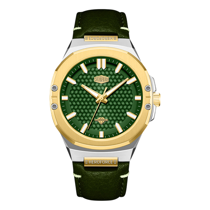 HeroForce Caldris 5033B - green dial, gold bezel, silver case