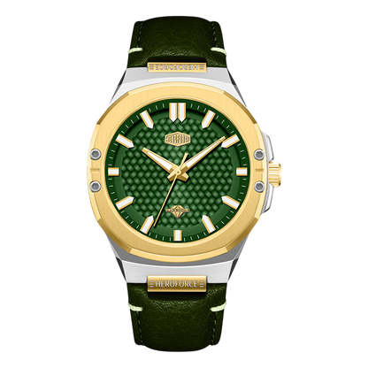 A luxury men's watch featuring a textured green dial, a gold-tone bezel and hands, a silver-tone case, and an olive green leather strap with gold-tone stitching.