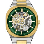 A luxury skeleton wristwatch with a gold and stainless steel case, a green dial