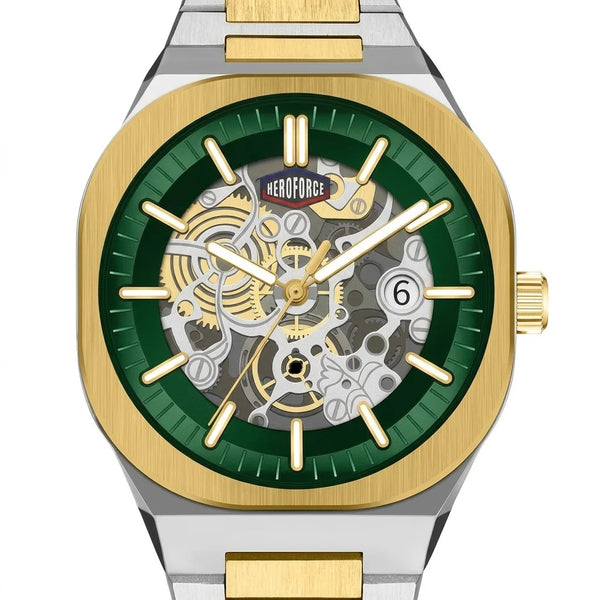 A luxury skeleton wristwatch with a gold and stainless steel case, a green dial