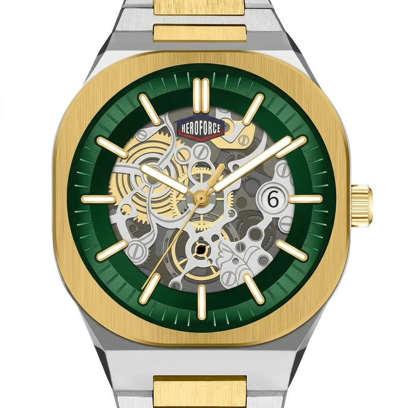 A luxury skeleton wristwatch with a gold and stainless steel case, a green dial