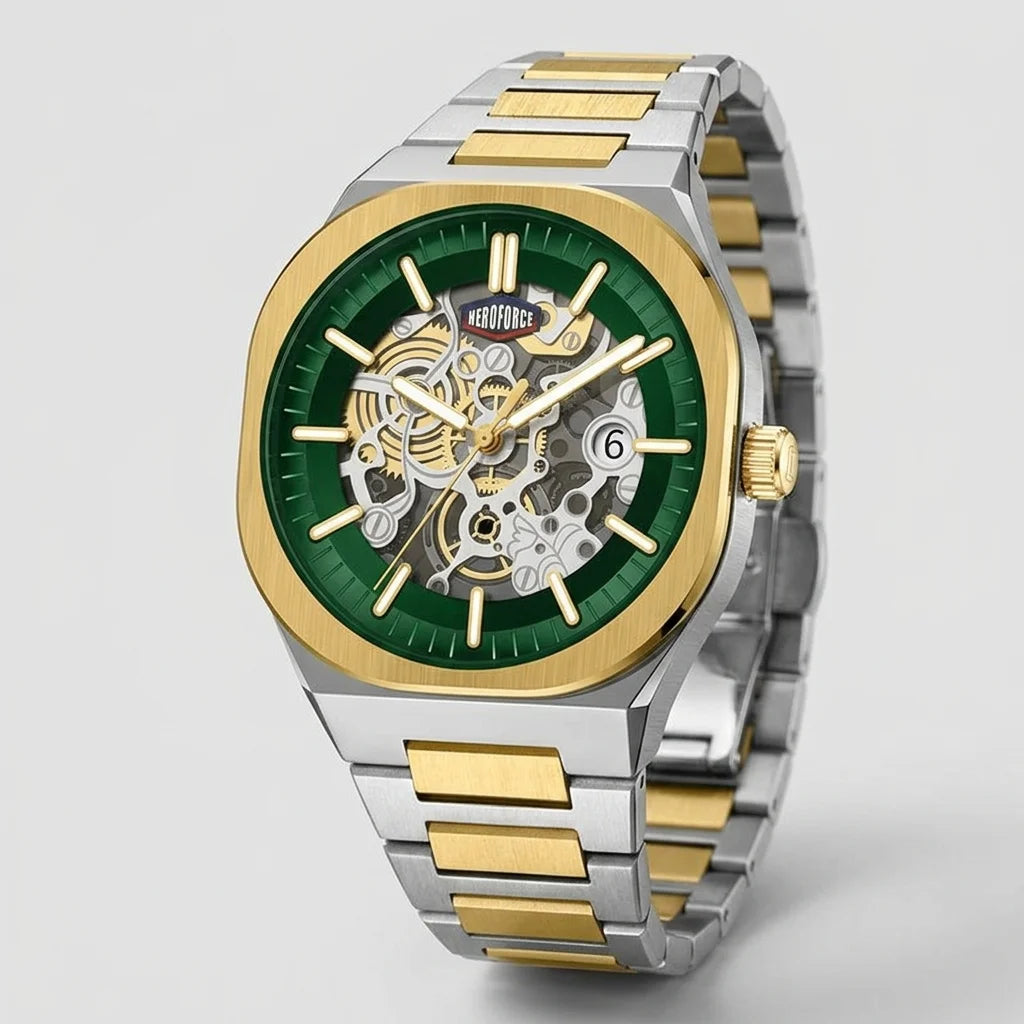 A luxury two-tone wristwatch with a green skeleton dial, gold and silver stainless steel case
