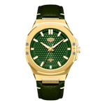 A luxury wristwatch featuring a gold-tone case, a textured green dial with gold-tone hands and markers, and a dark green leather strap with white stitching.