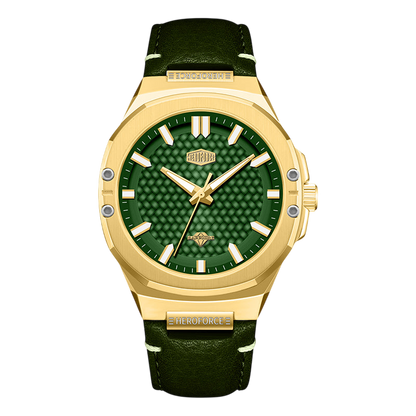 A luxury wristwatch featuring a gold-tone case, a textured green dial with gold-tone hands and markers, and a dark green leather strap with white stitching.