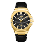 A luxury wristwatch featuring a gold-tone case, a black textured dial with gold-tone hands and markers, and a black leather strap with white stitching.