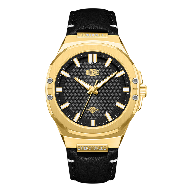 A luxury wristwatch featuring a gold-tone case, a black textured dial with gold-tone hands and markers, and a black leather strap with white stitching.