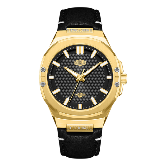 A luxury wristwatch featuring a gold-tone case, a black textured dial with gold-tone hands and markers, and a black leather strap with white stitching.
