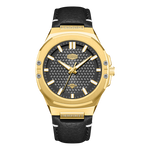 A luxury wristwatch featuring a polished gold-tone case, a textured black carbon-fiber-style dial with gold-tone hands and markers, and a black leather strap with white stitching.