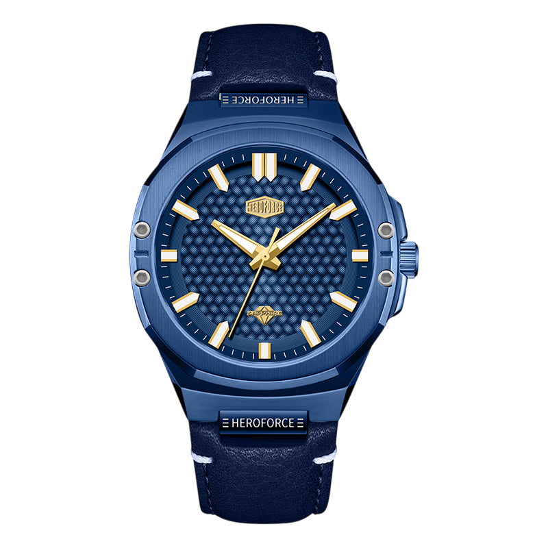 A men's Heroforce watch featuring a dark blue textured dial, a matching blue bezel, gold-tone hands and hour markers, and a dark blue leather strap.