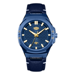 A men's Heroforce watch featuring a dark blue textured dial, a matching blue bezel, gold-tone hands and hour markers, and a dark blue leather strap.