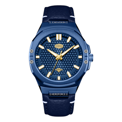 A men's Heroforce watch featuring a dark blue textured dial, a matching blue bezel, gold-tone hands and hour markers, and a dark blue leather strap.