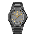 A men's analog watch with a dark gunmetal gray metal case and link bracelet, featuring a textured gray dial with gold-tone hour markers, hands, and crown, and a date window at the 3 o'clock position.