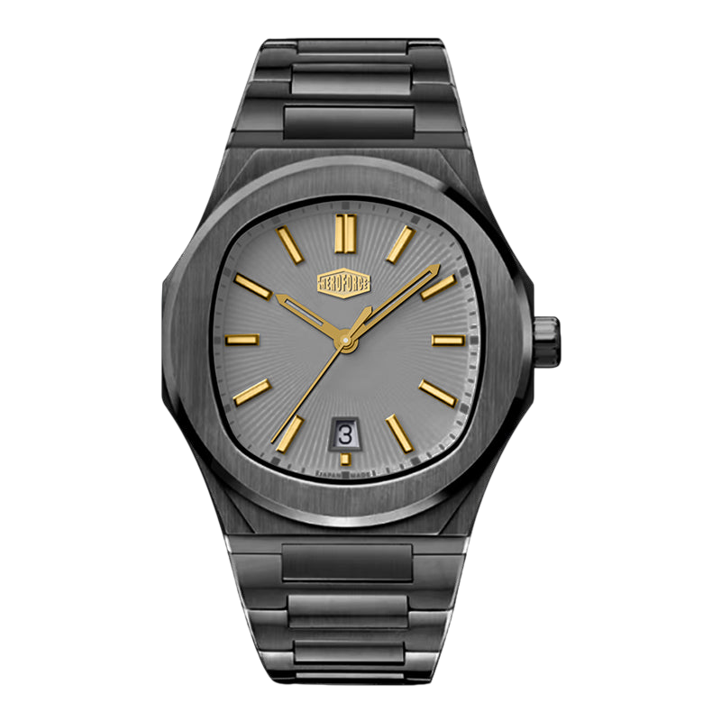 A men's analog watch with a dark gunmetal gray metal case and link bracelet, featuring a textured gray dial with gold-tone hour markers, hands, and crown, and a date window at the 3 o'clock position.