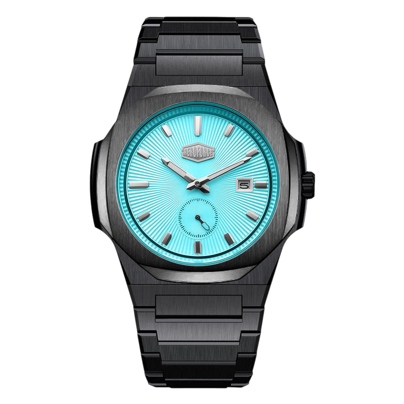 A men's analog watch with a black brushed metal case and link bracelet, featuring a vibrant turquoise blue sunburst dial with silver-tone hands and indices.