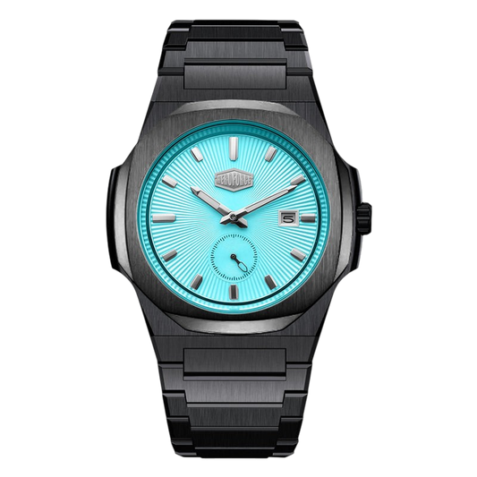A men's analog watch with a black brushed metal case and link bracelet, featuring a vibrant turquoise blue sunburst dial with silver-tone hands and indices.