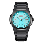 A men's analog watch with a black brushed metal case and link bracelet, featuring a vibrant turquoise blue sunburst dial with silver-tone hands and indices.