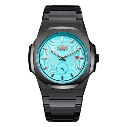 A men's analog watch with a black brushed metal case and link bracelet, featuring a vibrant turquoise blue sunburst dial with silver-tone hands and indices.