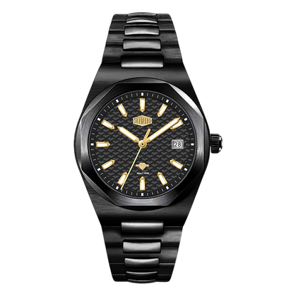 A men's analog watch with a black ceramic or textured resin link bracelet, a black dial with gold-tone indices and hands, and a date window at 3 o'clock, shown against a plain white background.