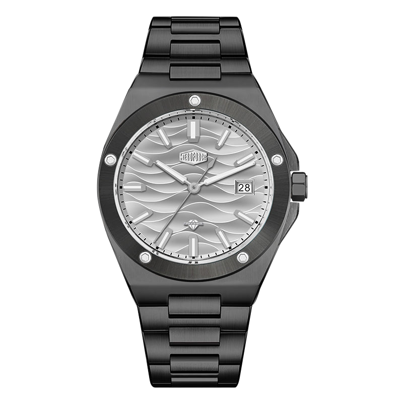 A men's analog watch with a black metal case and link bracelet, featuring a silver dial with a wavy pattern, silver hour markers, and a date window at the 3 o'clock position.