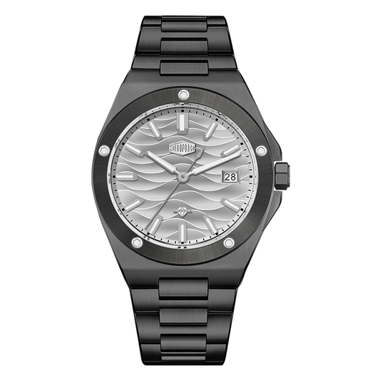 A men's analog watch with a black metal case and link bracelet, featuring a silver dial with a wavy pattern, silver hour markers, and a date window at the 3 o'clock position.
