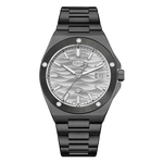 A men's analog watch with a black metal case and link bracelet, featuring a silver dial with a wavy pattern, silver hour markers, and a date window at the 3 o'clock position.