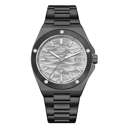 A men's analog watch with a black metal case and link bracelet, featuring a silver dial with a wavy pattern, silver hour markers, and a date window at the 3 o'clock position.