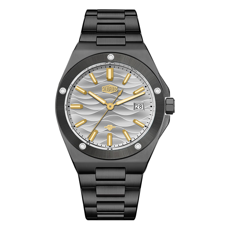A men's analog watch with a black metal case and link bracelet, featuring a silver wavy dial with gold-tone hands, hour markers, and bezel details.