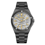 A men's analog watch with a black metal case and link bracelet, featuring a silver wavy dial with gold-tone hands, hour markers, and bezel details.