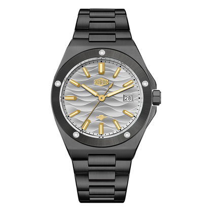 A men's analog watch with a black metal case and link bracelet, featuring a silver wavy dial with gold-tone hands, hour markers, and bezel details.
